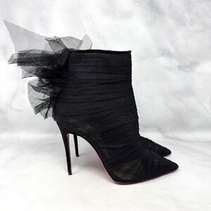 Christian Louboutin Libellibooty 100 Tulle Pointed Toe Ankle Boot Heels Black 35